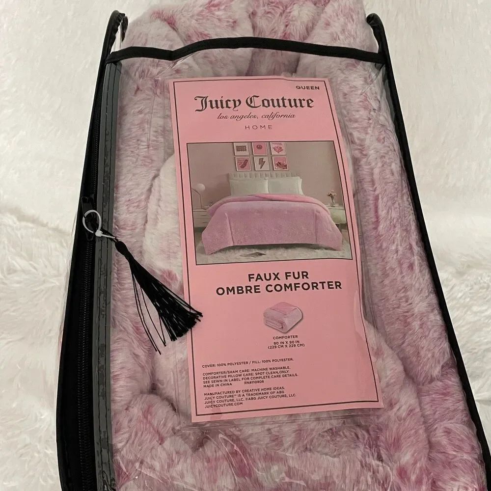 Juicy Couture Pink Leopard Cheetah Animal Print Faux Fur Queen Size Comforter